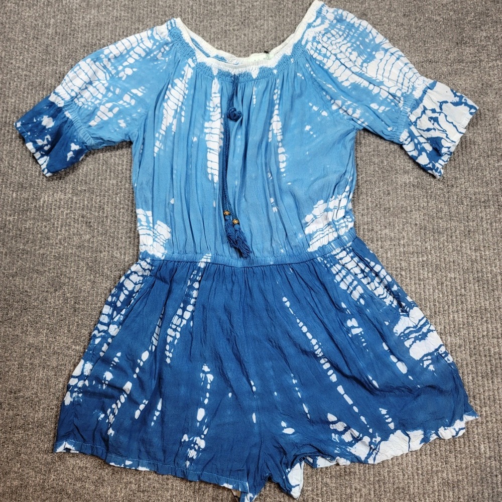 Aruba Blue Off-Shoulder Romper Women's Blue Tie Dye Tassel Smocked Waist Rayon M